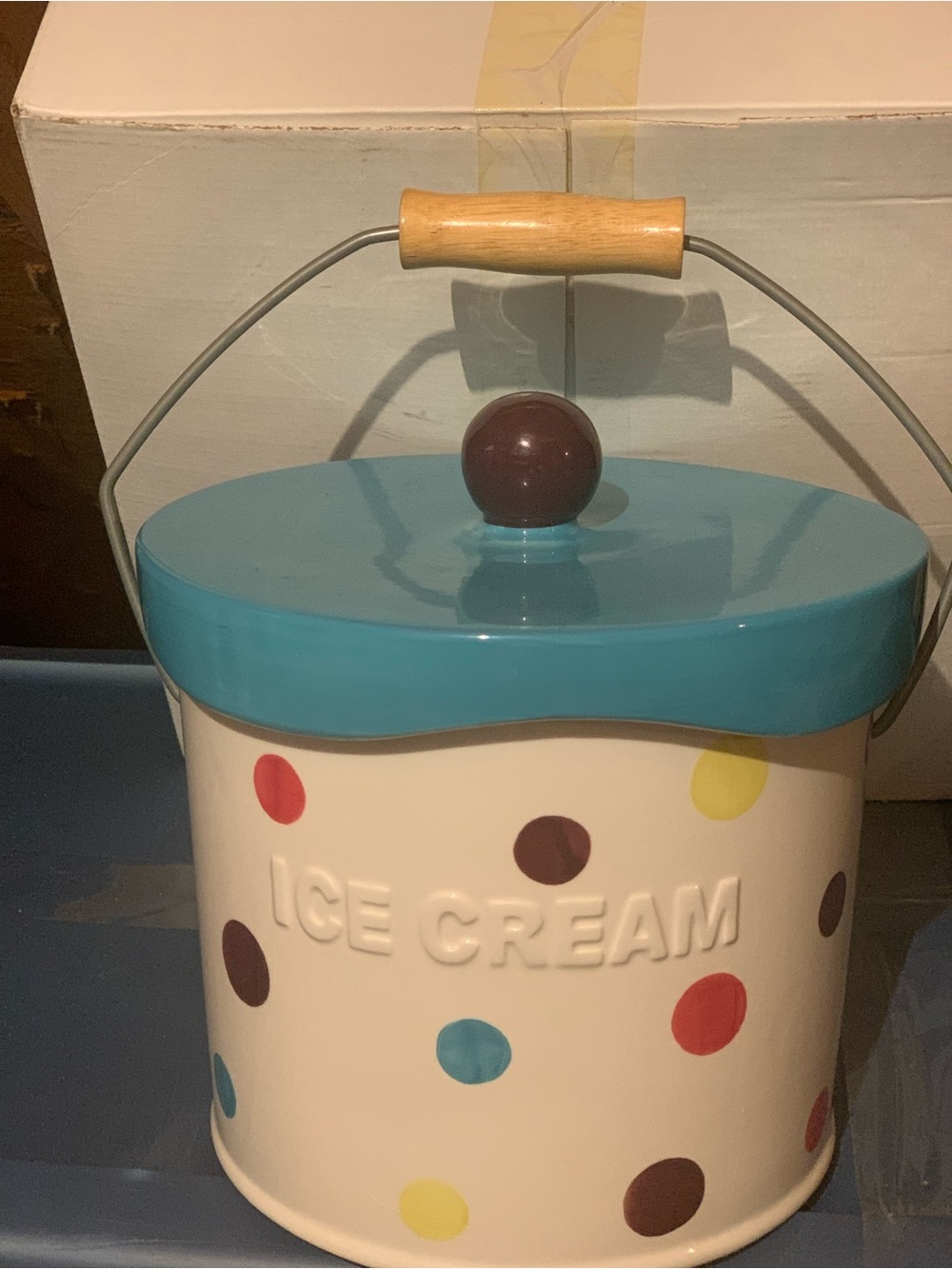The Main Ingredients Ice Cream Polka Dot Ceramic Canister with Blue Lid & liner